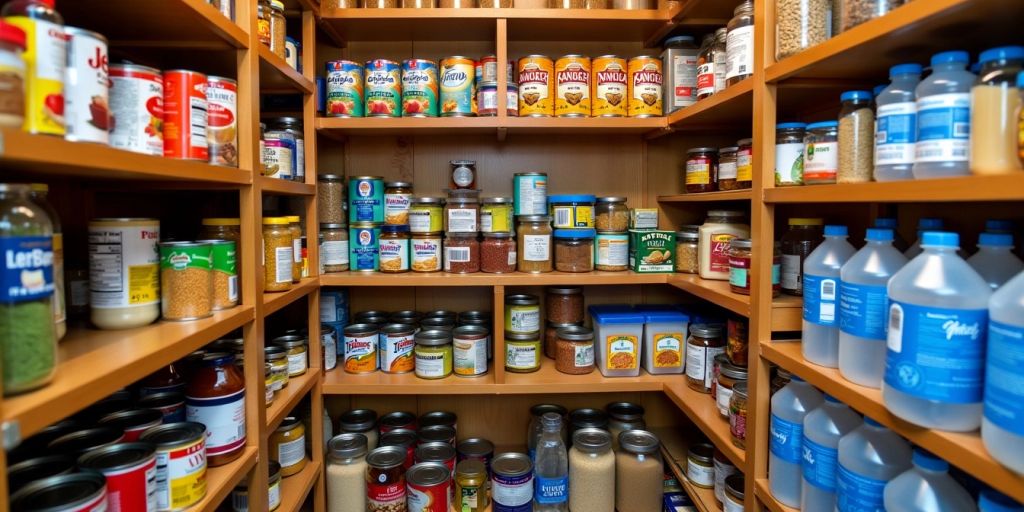 Organized pantry with emergency food supplies.