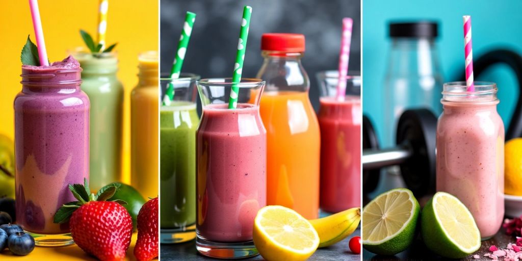 Collage of fitness drinks with gym equipment