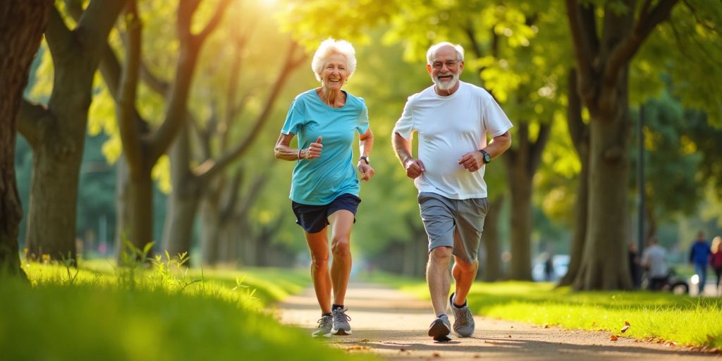 Elderly couple jogging in a park