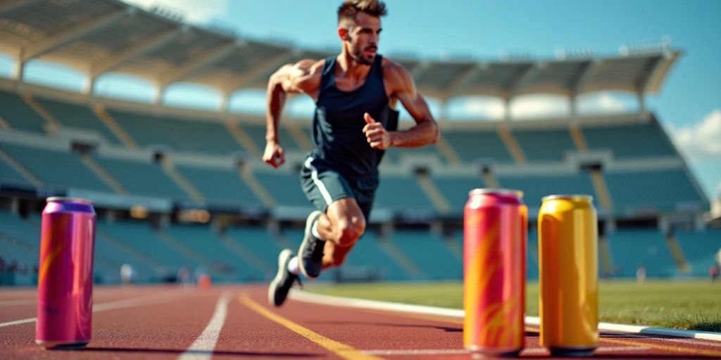 Athlete sprinting with energy drinks in foreground