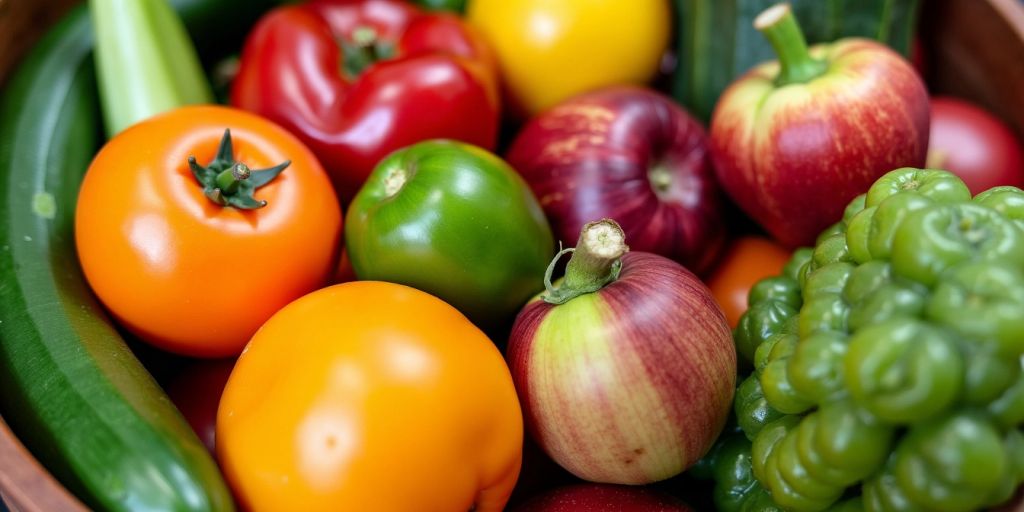 Bowl of colorful fresh fruits and vegetables.