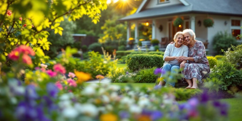 Couple enjoying a peaceful retirement in a garden.