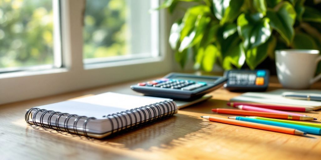 A workspace with a notebook and calculator for planning.