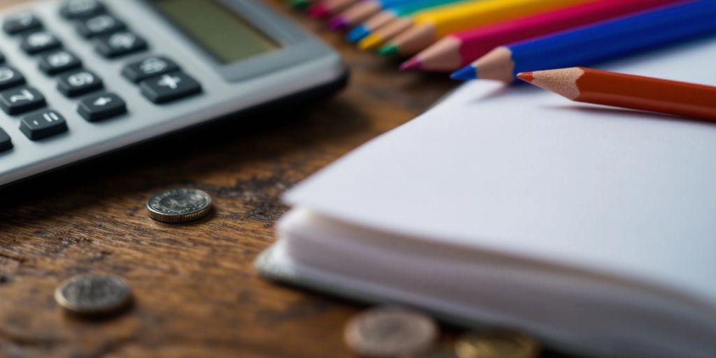 Calculator, colored pencils, and notebook on a table.