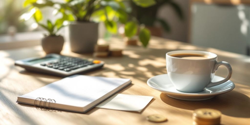 Relaxed workspace with a calculator and notepad.